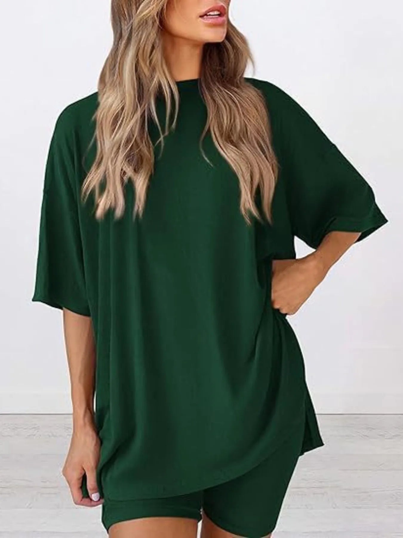 Full Size Oversized Round Neck Top and Shorts Set Plus Size Dark Green