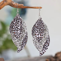 PU Leather Leopard Leaf Earrings Silver One Size