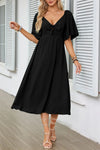 Smocked Tie Front Flutter Sleeve Midi Dress Black