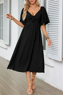 Smocked Tie Front Flutter Sleeve Midi Dress Black