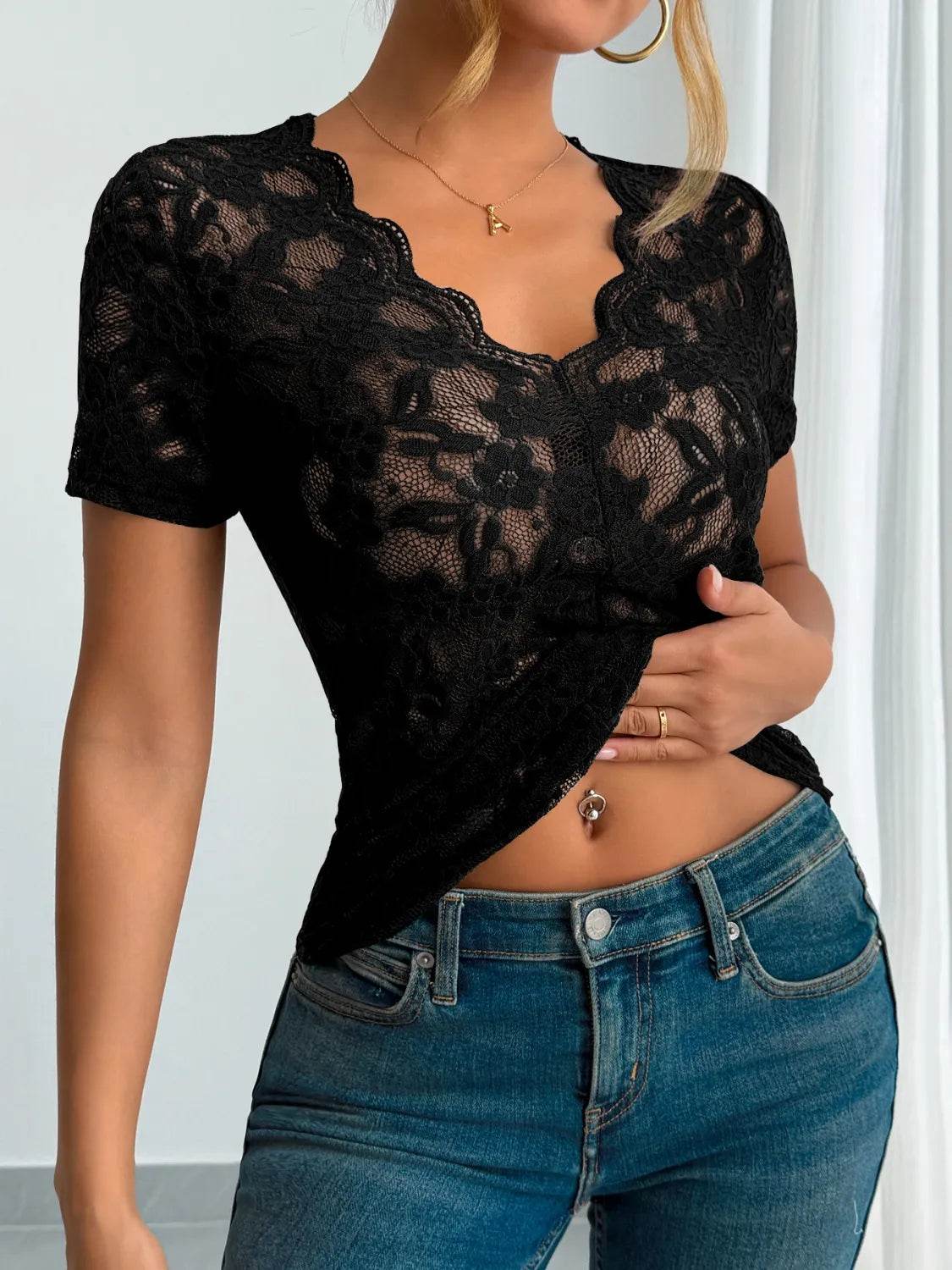 Sheer Lace V-Neck Short Sleeve Top for Women - Slightly Stretchy, Elegant Style - Store 42