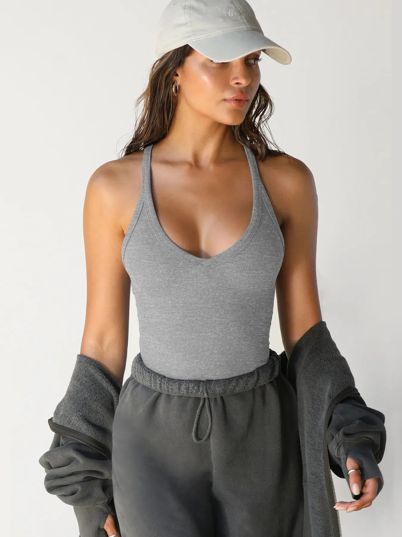 Ribbed V-Neck Halter Tank Top