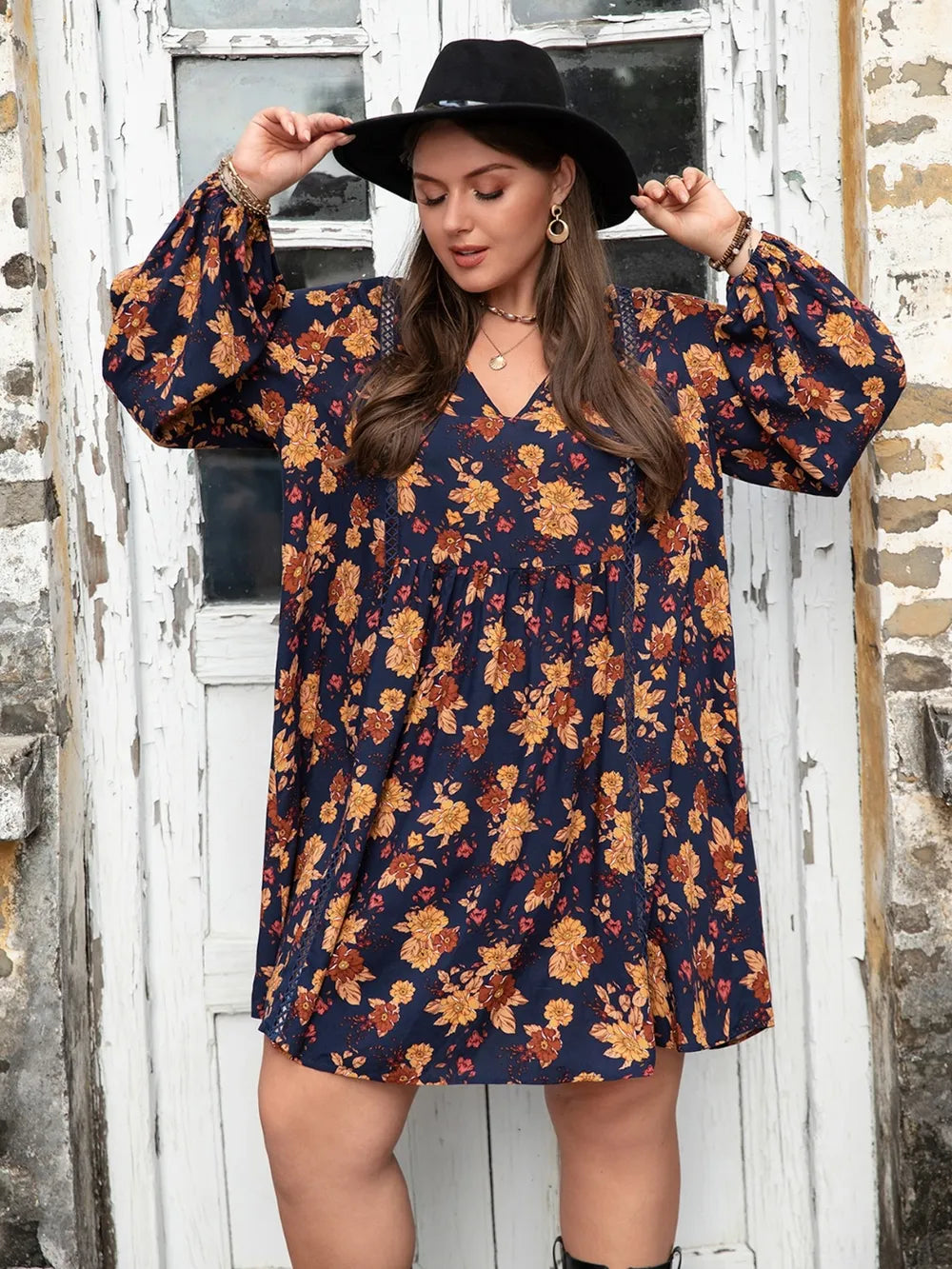 Plus Size Floral V-Neck Balloon Sleeve Dress in Opaque Viscose - Sizes 0XL to 3XL