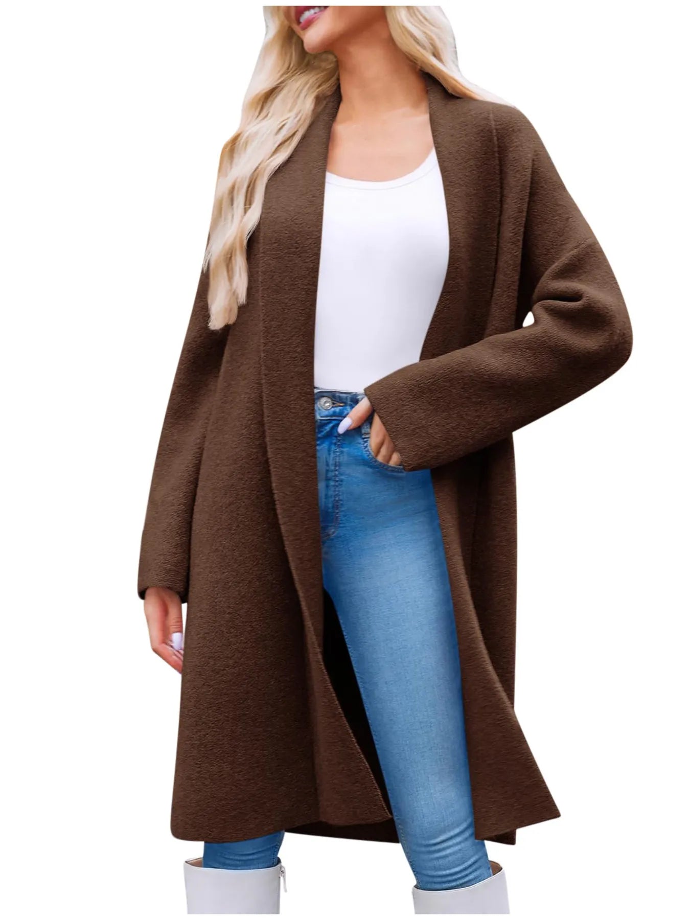 Open Front Longline Coat Brown