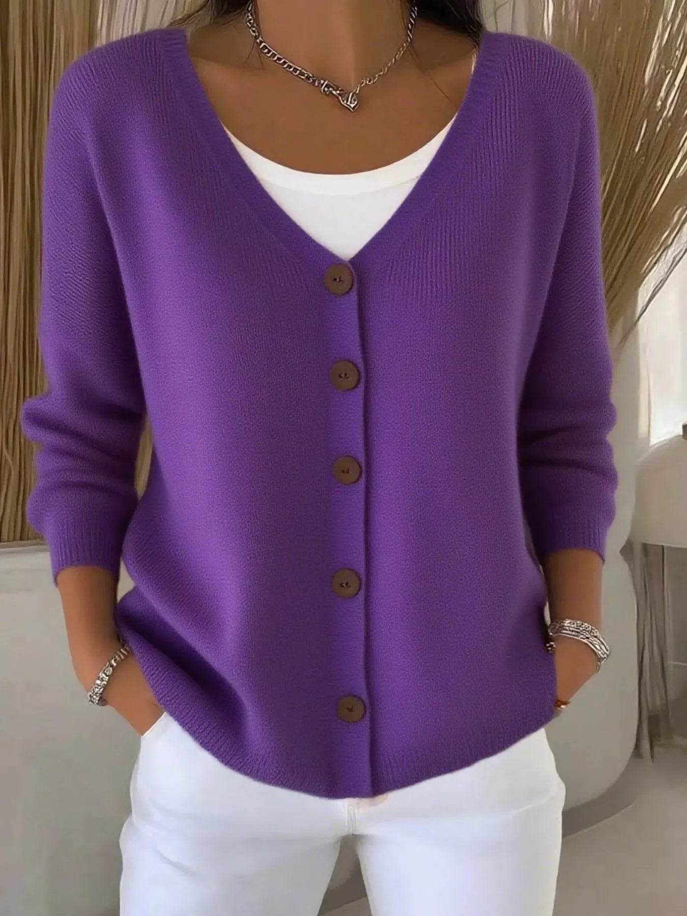 Full Size Plus Size Button-Front V-Neck Cardigan, Slightly Stretchy, 95% Acrylic Blend - Store 42