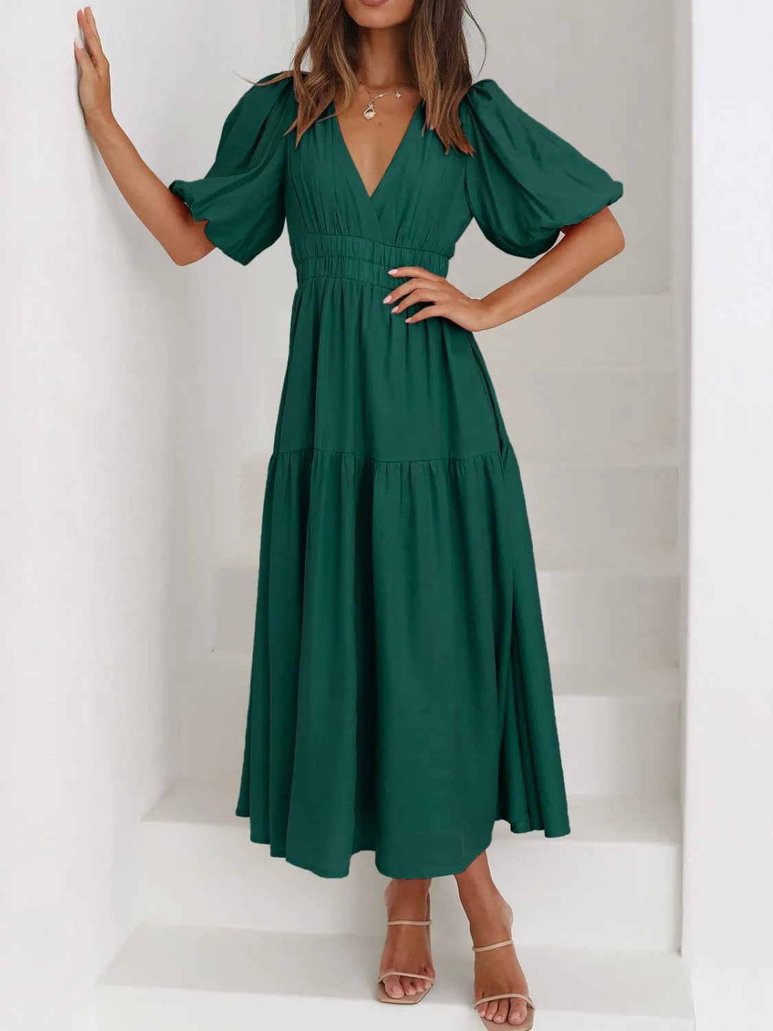V-Neck Puff Sleeve Midi Dress Dark Green