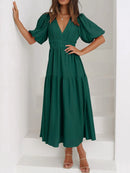 V-Neck Puff Sleeve Midi Dress Dark Green