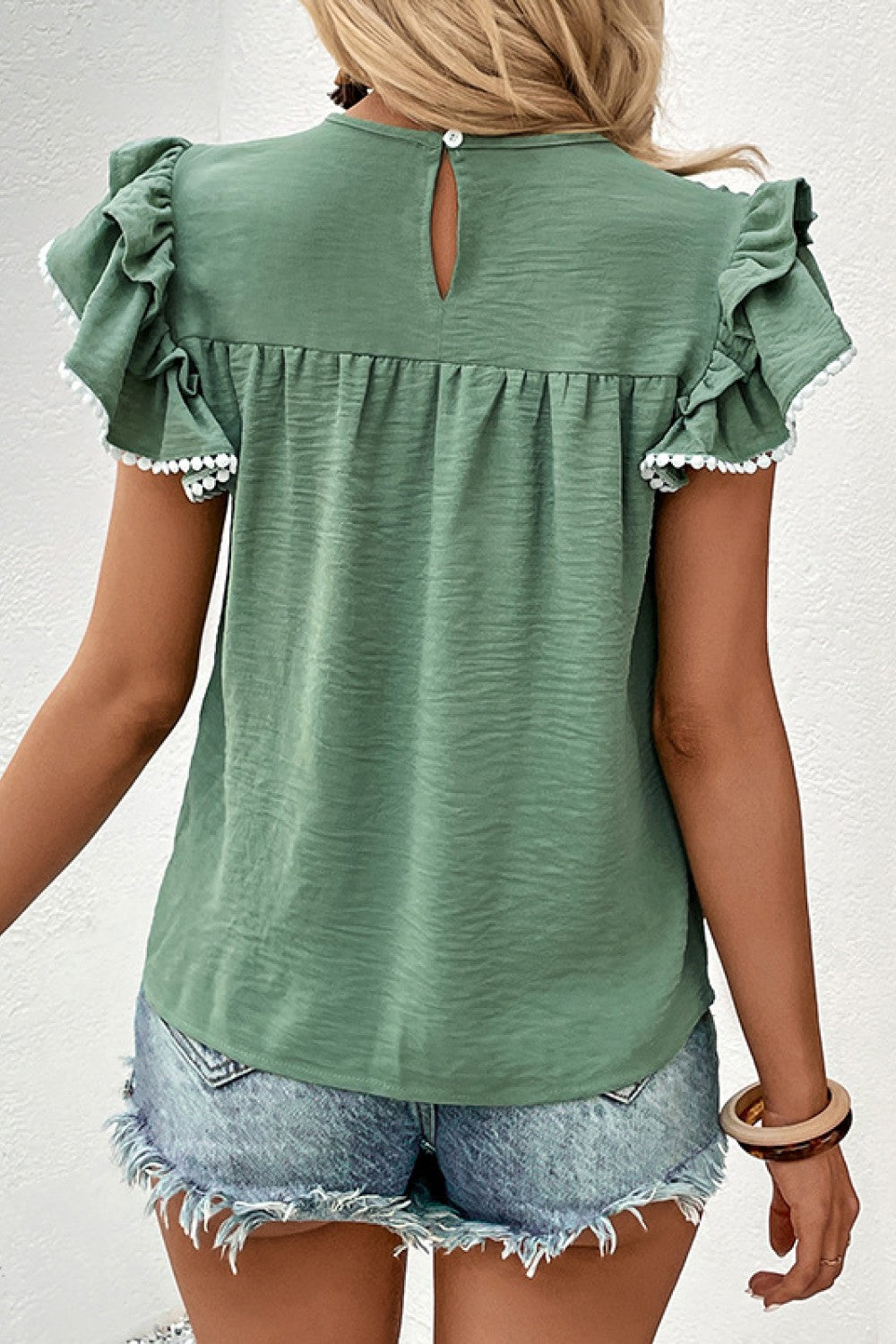 Trendsi Women's Pleated Flutter Sleeve Blouse - Casual Solid Round Neck Top, Regular Length