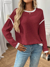 Slightly Stretchy Ribbed Long Sleeve Top with Contrast Trim - Elegant Basic Style - Store 42