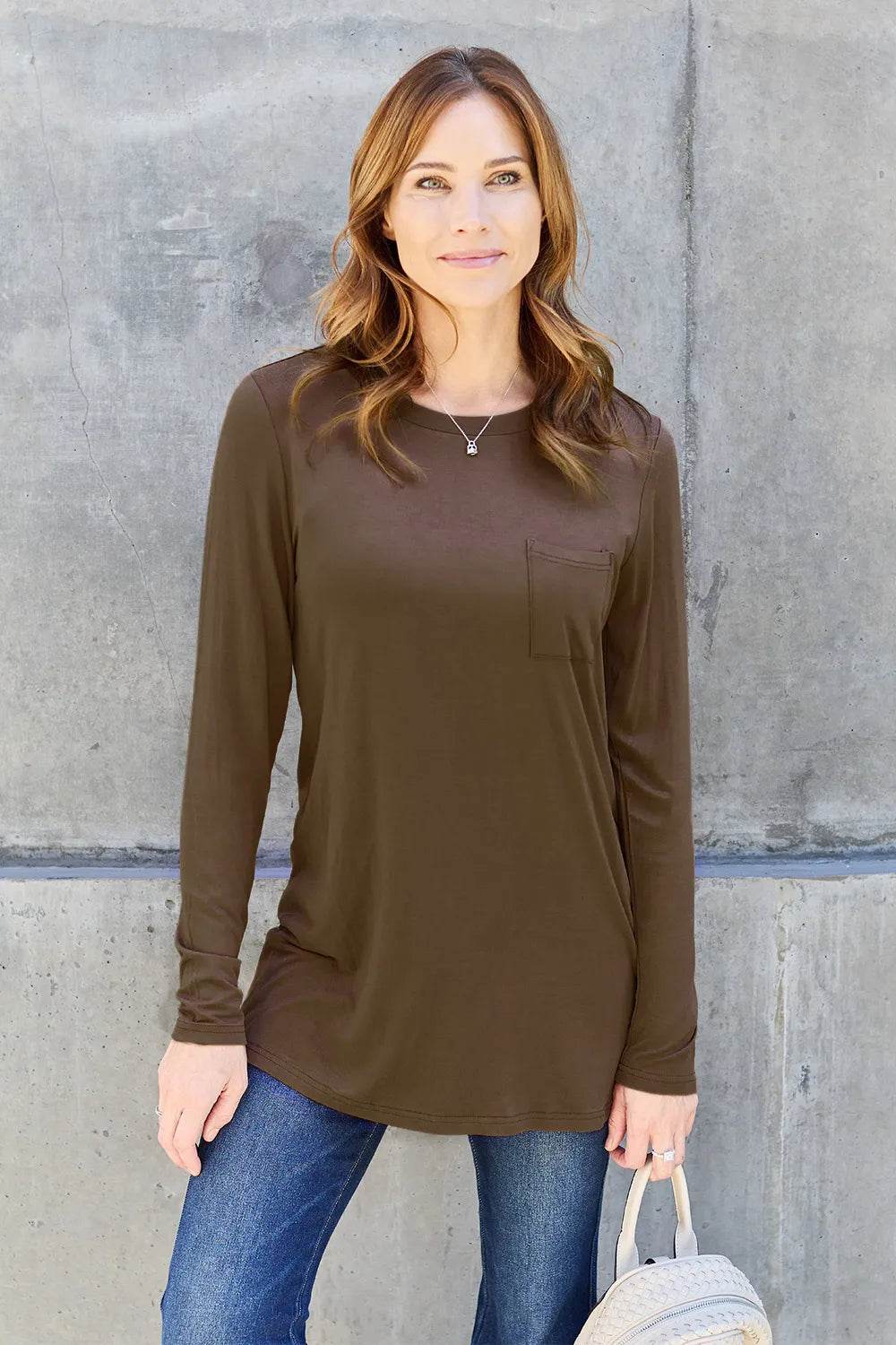 Basic Bae Women's Full Size Round Neck Long Sleeve Top with Pockets and Moderate Stretch - Store 42