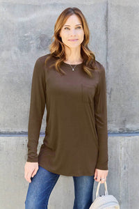 Basic Bae Women's Full Size Round Neck Long Sleeve Top with Pockets and Moderate Stretch - Store 42