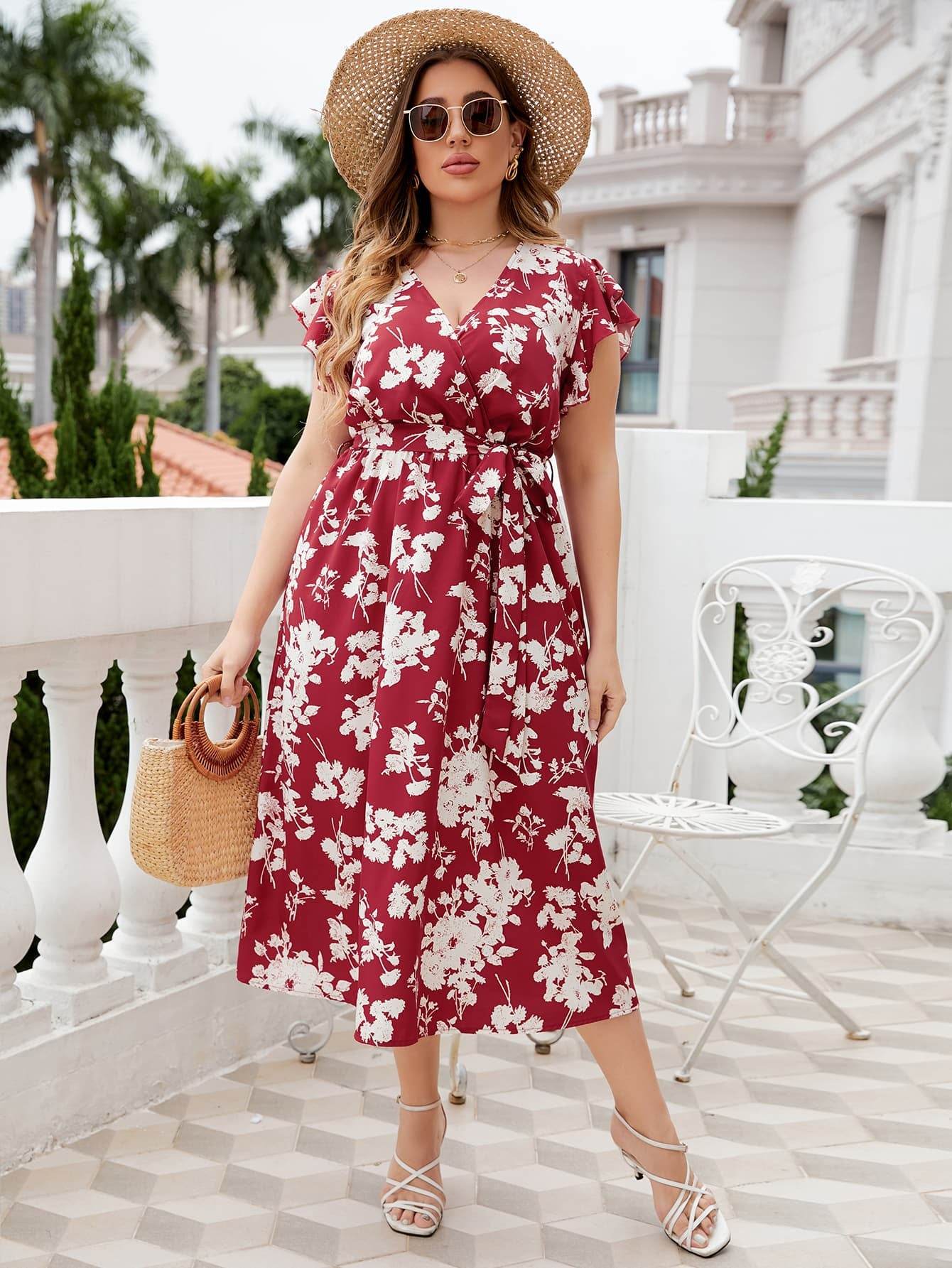 Honey Plus Size Floral Tie Waist Surplice Neck Midi Dress - Store 42