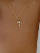 Zircon Palm Tree Pendant Necklace Gold One Size