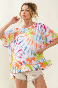 BiBi Tie Dye Print Jersey Top with Unique Uneven Hem - Casual Bohemian Style - Store 42