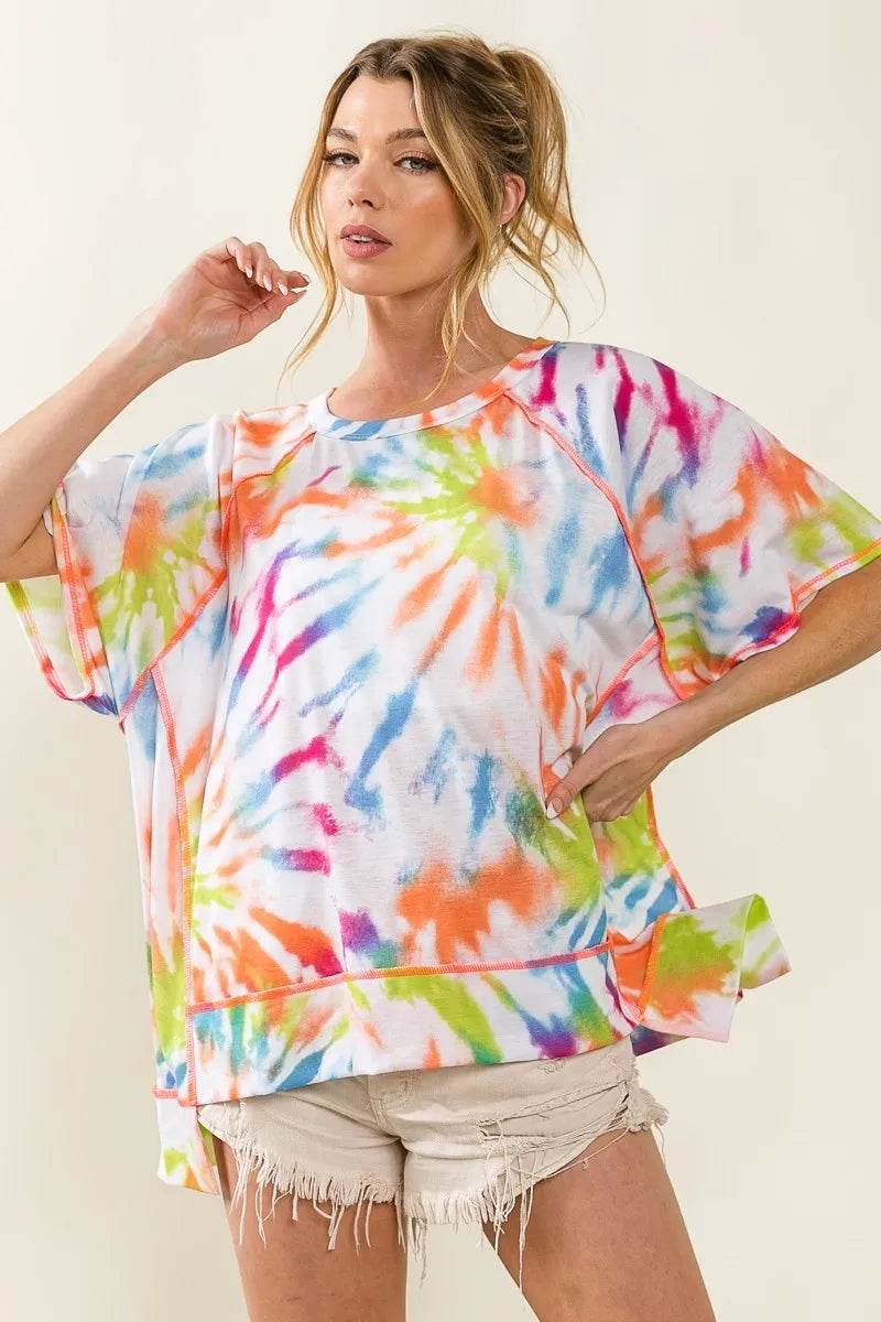 BiBi Tie Dye Print Jersey Top with Unique Uneven Hem - Casual Bohemian Style - Store 42