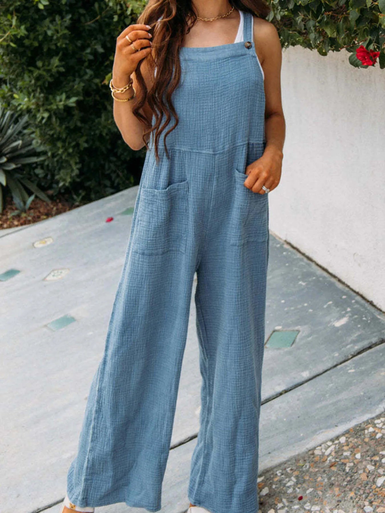 Full Size Casual Wide Leg Textured Overalls Plus Size