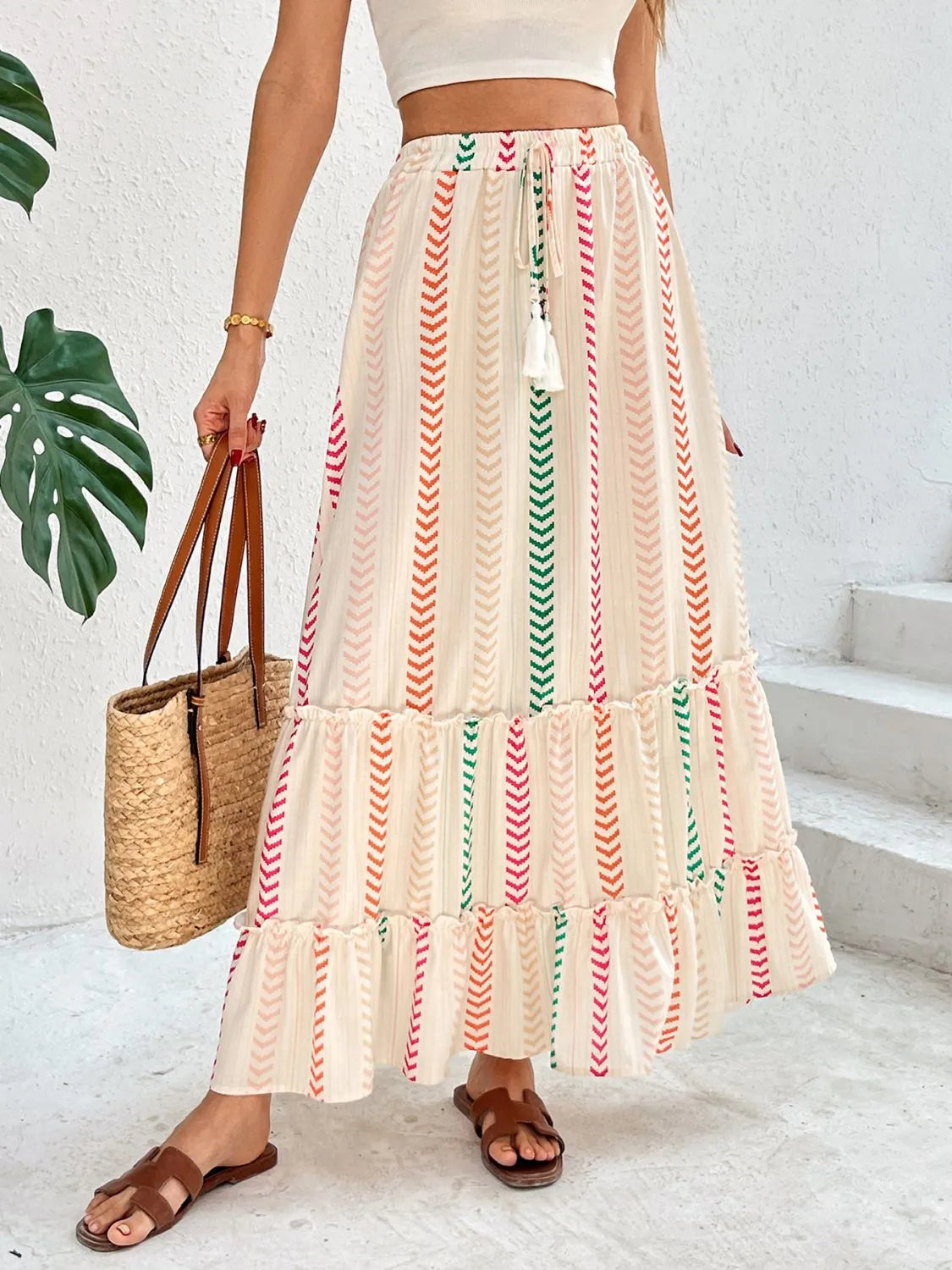 Chic Frill Printed Maxi Skirt - 100% Polyester, Tied Waist, Easy Care, Trendy Style