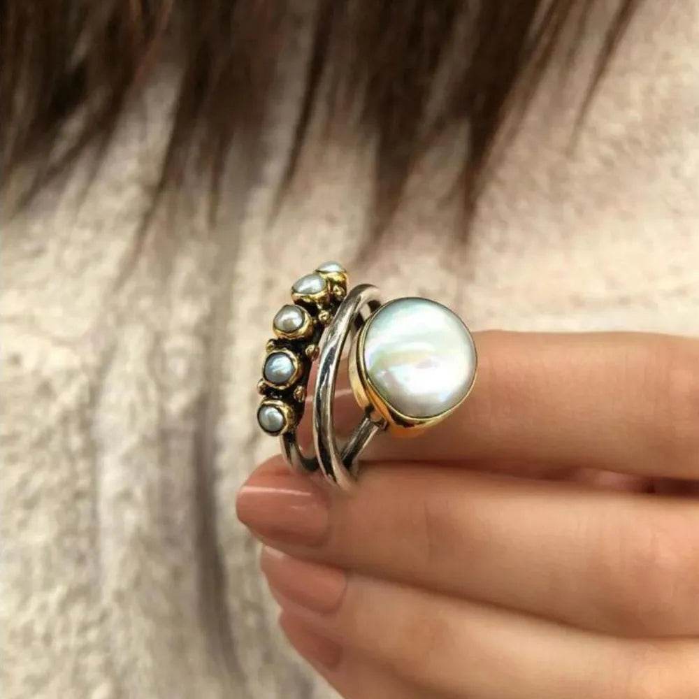Elegant Alloy Three-Layer Open Ring with Synthetic Pearl and Rhinestones - Store 42