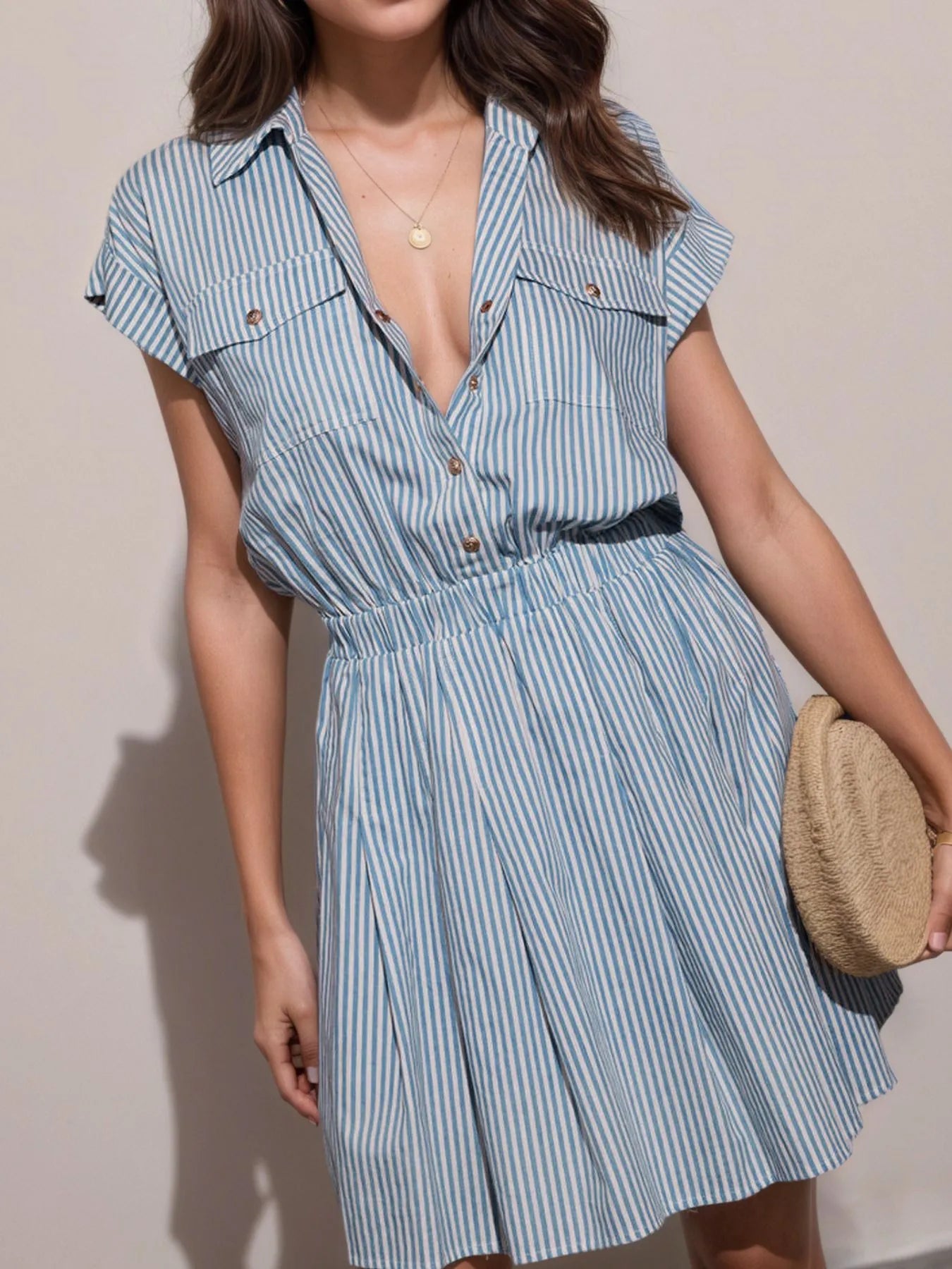 Hlaf Button Striped Cap Sleeve Mini Shirt Dress