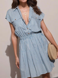 Hlaf Button Striped Cap Sleeve Mini Shirt Dress