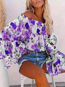Full Size Floral Off-Shoulder Bell Sleeve Blouse Plus Size - Store 42
