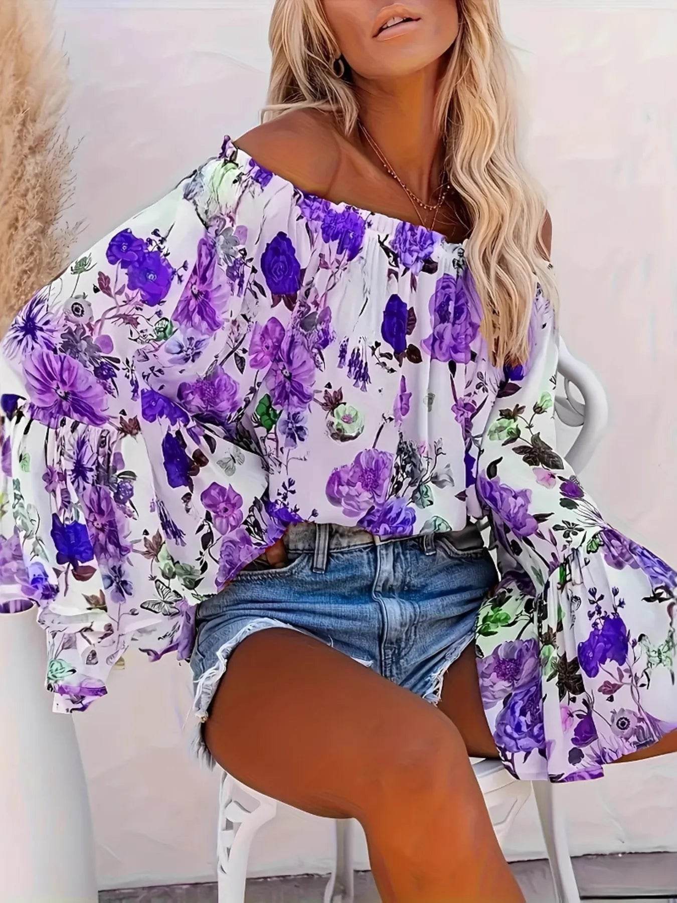 Full Size Floral Off-Shoulder Bell Sleeve Blouse Plus Size