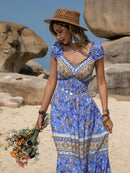 Printed V-Neck Cap Sleeve Midi Dress