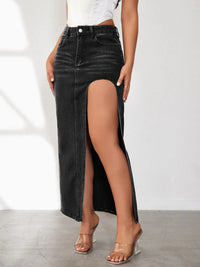 High Rise Slit Denim Skirt Black