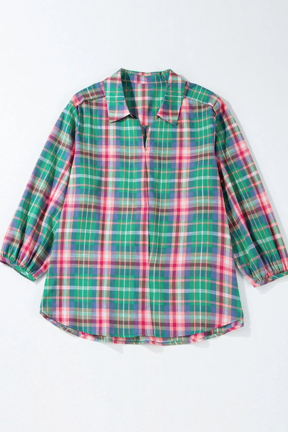 Plaid Collared Neck Three-Quarter Sleeve Shirt