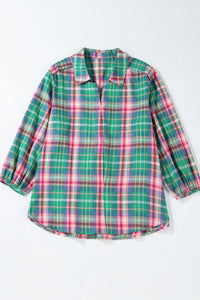Plaid Collared Neck Three-Quarter Sleeve Shirt