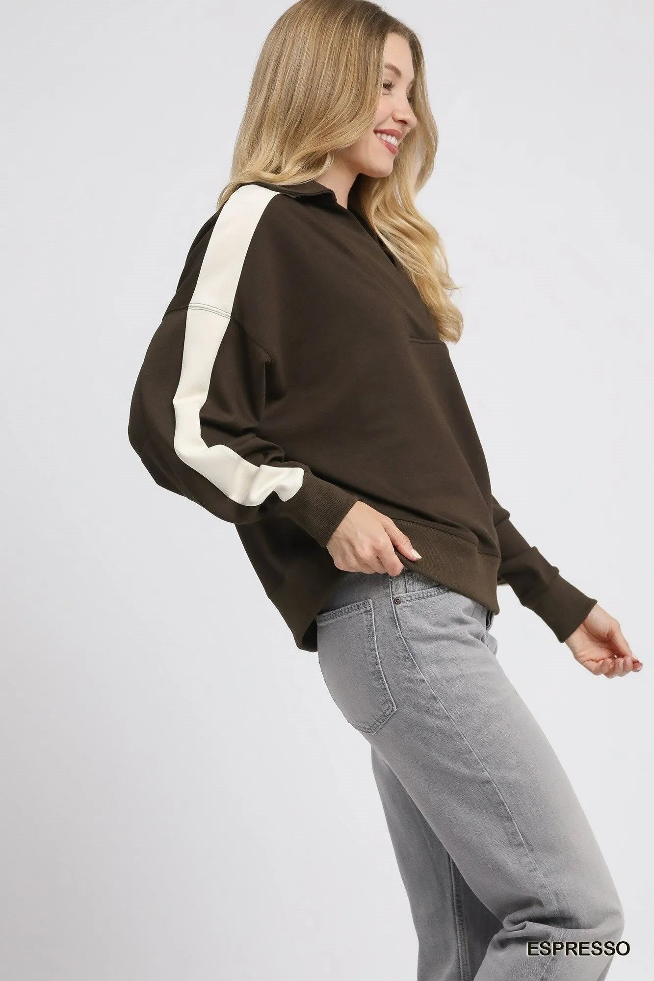 Umgee Color Block Polo Sweatshirt for Women - Oversized, Stylish, and Comfortable