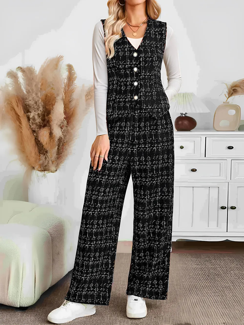 Trendy Plaid V-Neck Button Up 2-Piece Vest and Pants Set for Chic Casual Style