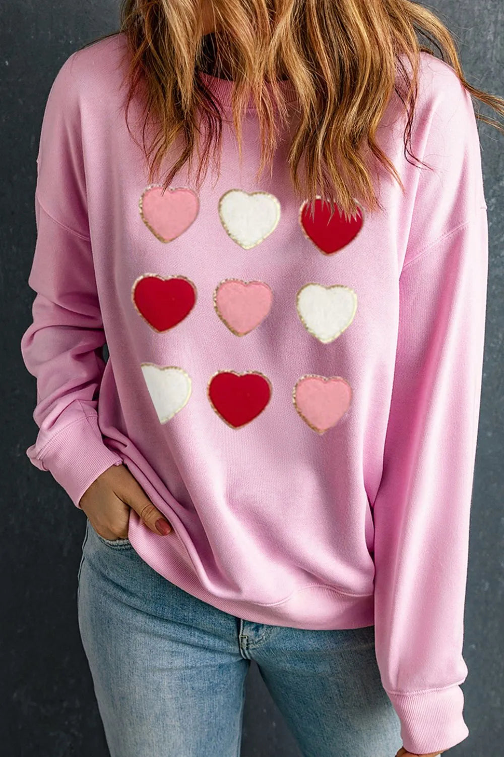 Trendy Contrast Heart Long Sleeve Sweatshirt - Opaque, Slightly Stretchy, Cozy Cotton Blend