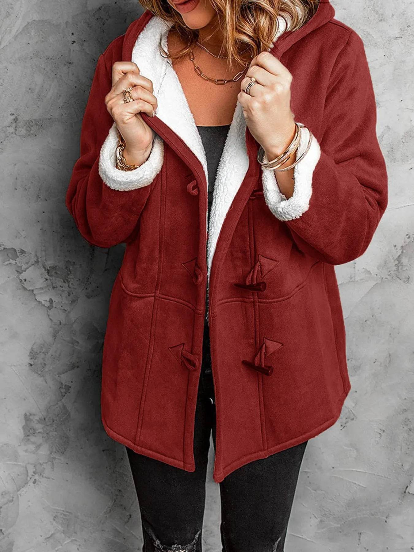 Full Size Cozy Sherpa Lined Toggle Coat with Hood Plus Size - Store 42