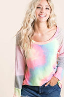 BiBi Tie Dye Terry Top with Color Block Pointelle Knit - Store 42