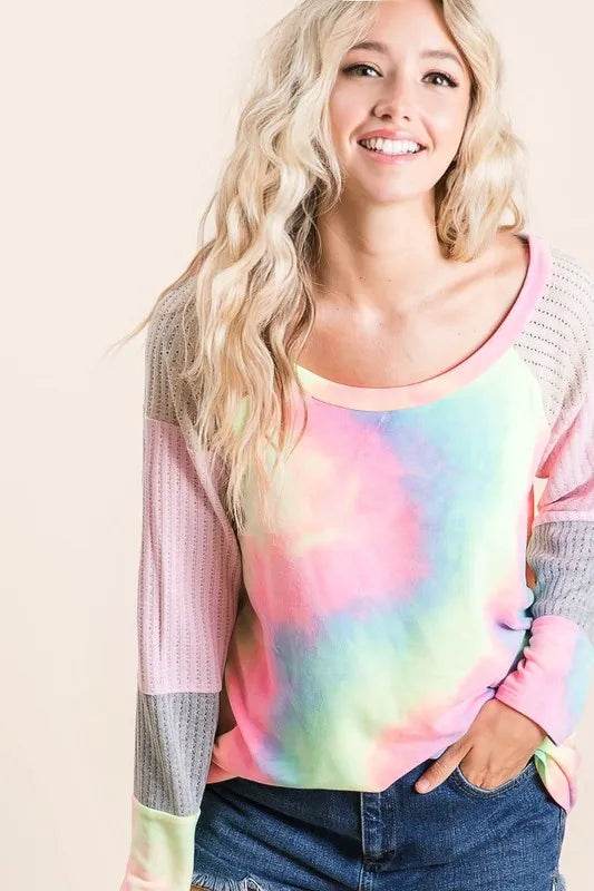 BiBi Tie Dye Terry Top with Color Block Pointelle Knit - Store 42
