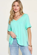 Basic Bae Full Size Bamboo Slit V-Neck Short Sleeve T-Shirt Aqua