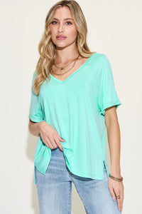 Basic Bae Full Size Bamboo Slit V-Neck Short Sleeve T-Shirt Aqua