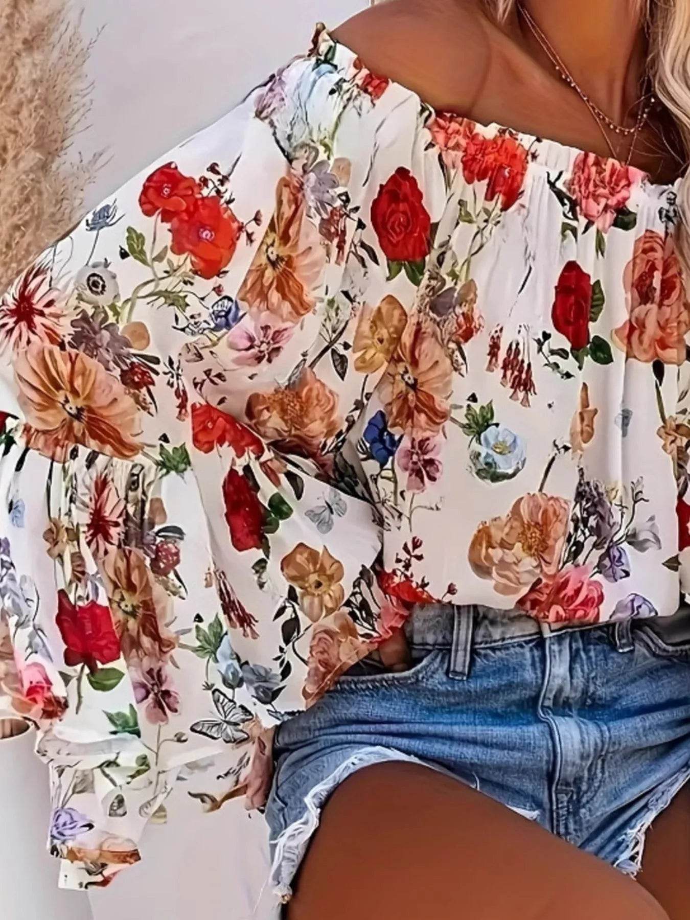 Full Size Floral Off-Shoulder Bell Sleeve Blouse Plus Size - Store 42