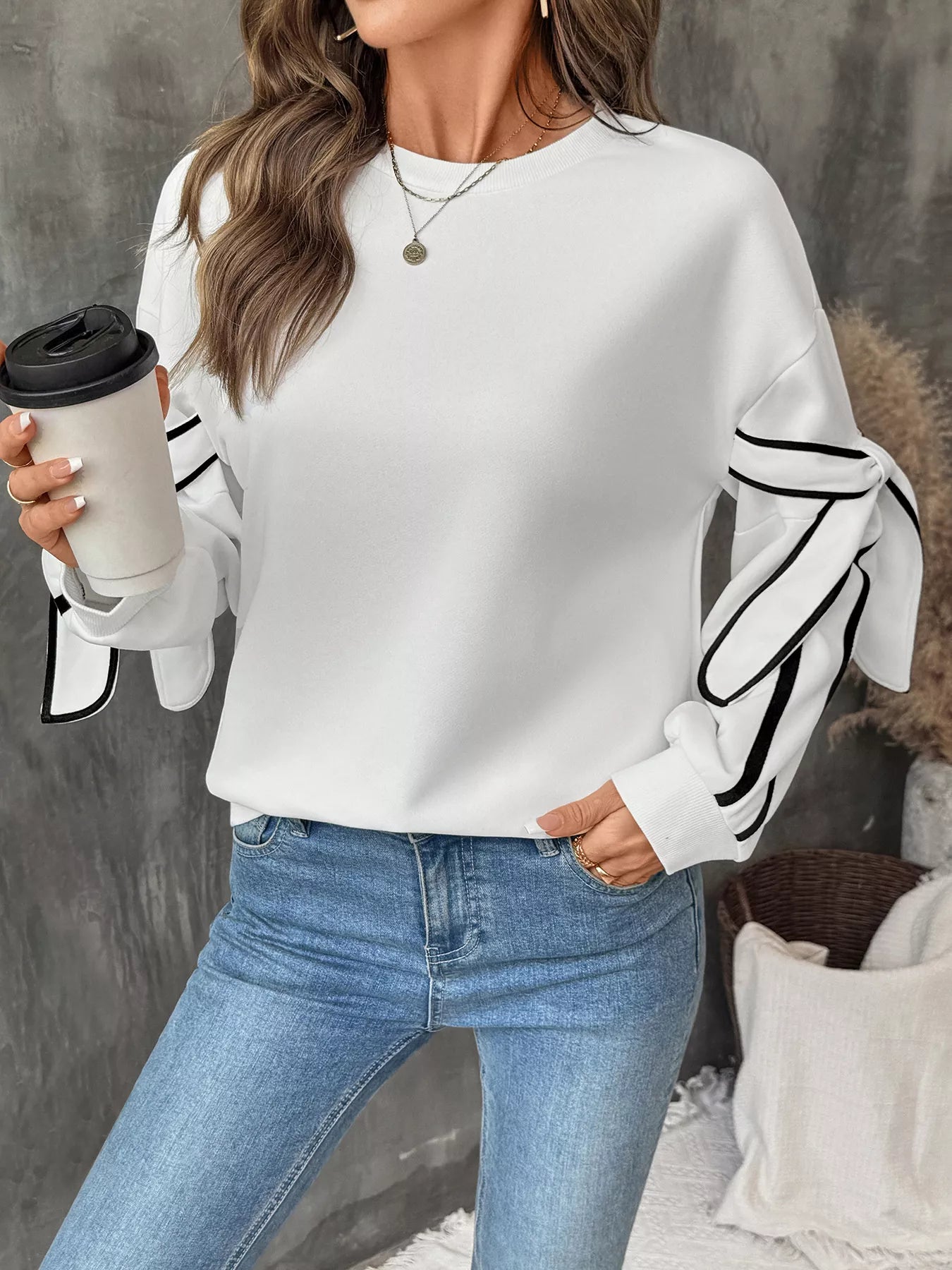 Trendy Side Striped Sweatshirt with Round Neck - Slightly Stretchy, Cozy Polyester Blend