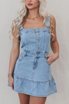 Ruffled Hem Button Front Square Neck Denim Dress Medium