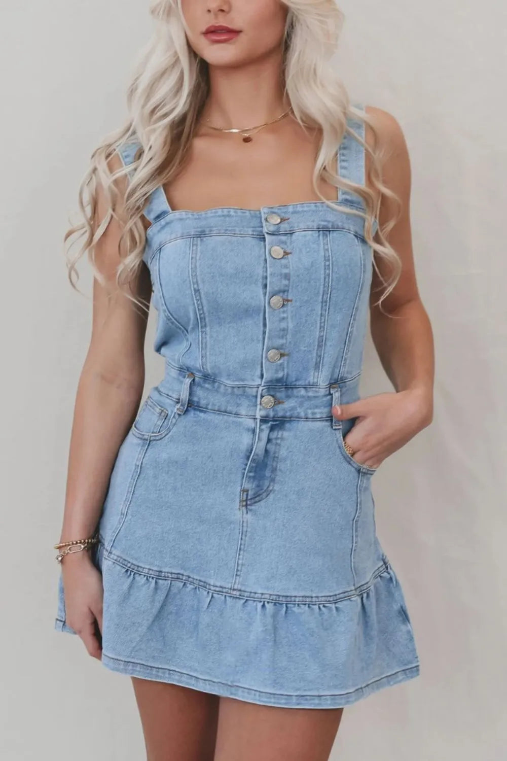 Ruffled Hem Denim Dress with Button Front and Square Neck - Timeless Style for Every Occasion