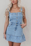 Ruffled Hem Button Front Square Neck Denim Dress Medium