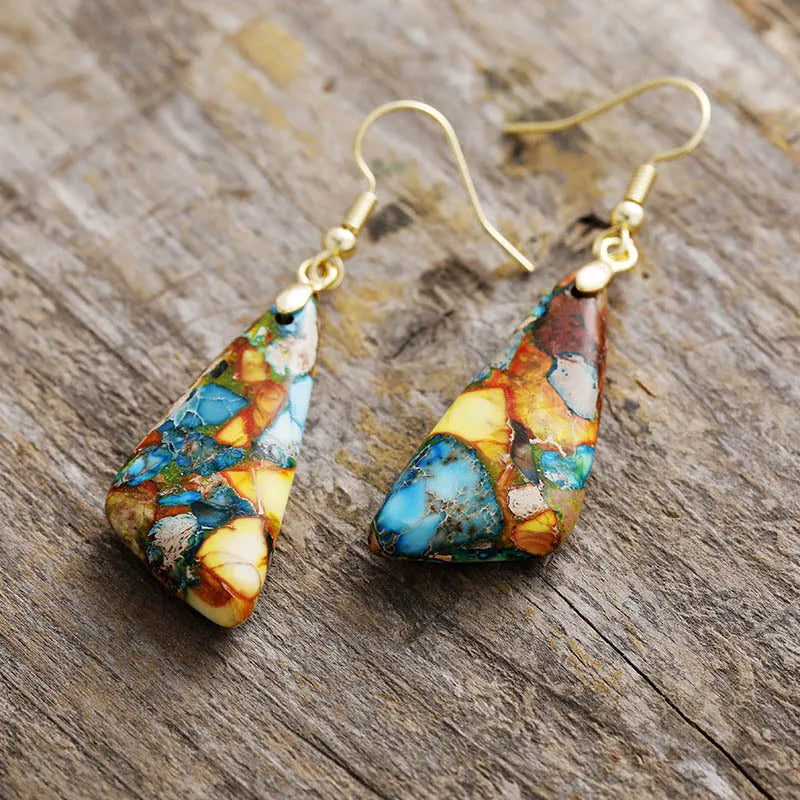Trendsi Emperor-Stone Geometric Earrings - Copper & Unique Design - 2 Inch Long