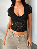 Devine V-Neck Short Sleeve Lace Top Black