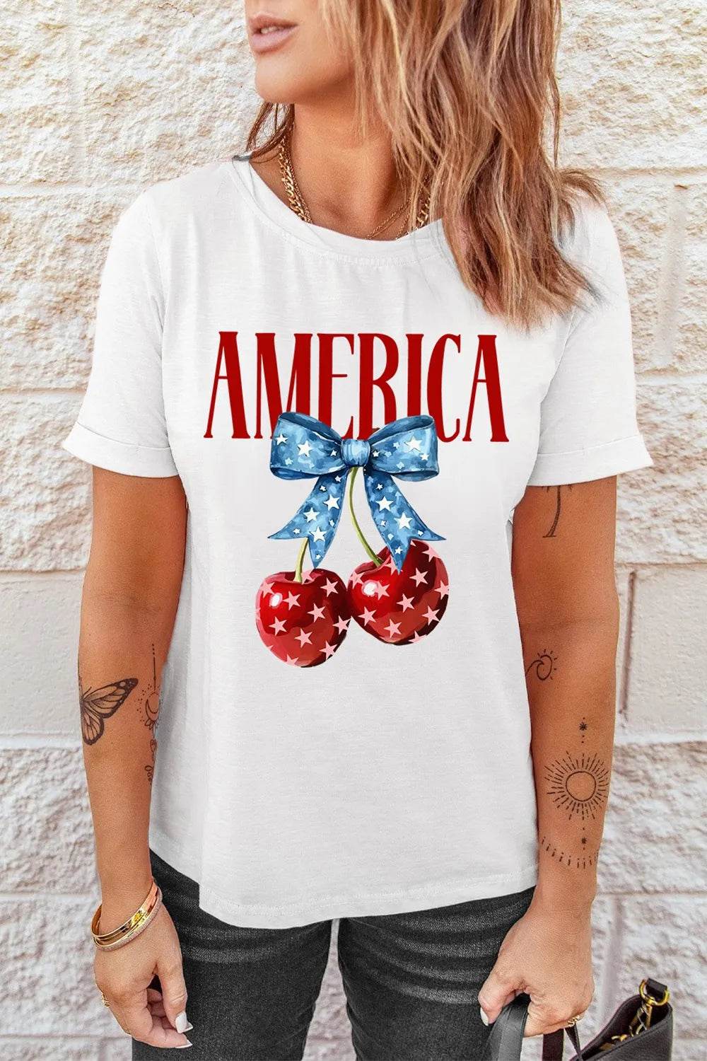 AMERICA Bow Cherry Crewneck T-Shirt – Comfortable Stretch Fit, Soft Polyester-Cotton Blend - Store 42