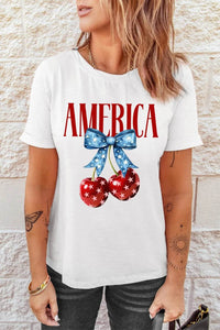 AMERICA Bow Cherry Crewneck T-Shirt – Comfortable Stretch Fit, Soft Polyester-Cotton Blend - Store 42
