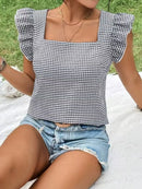 Ruffle Sleeve Gingham Square Neck Top