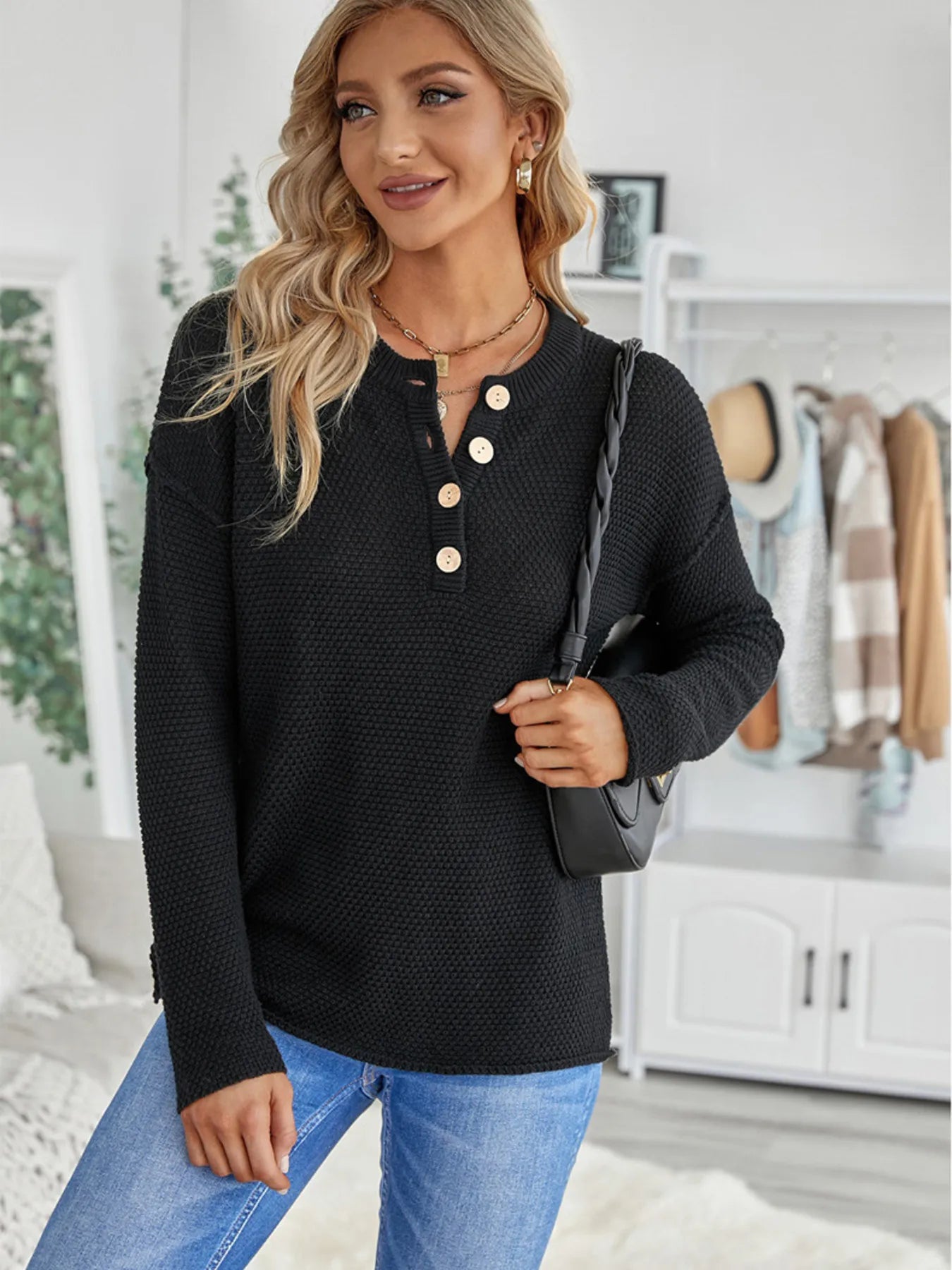 Button Detail Long Sleeve Knit Top