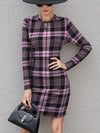 Long Sleeve Plaid Bodycon Mini Dress Pink Purple